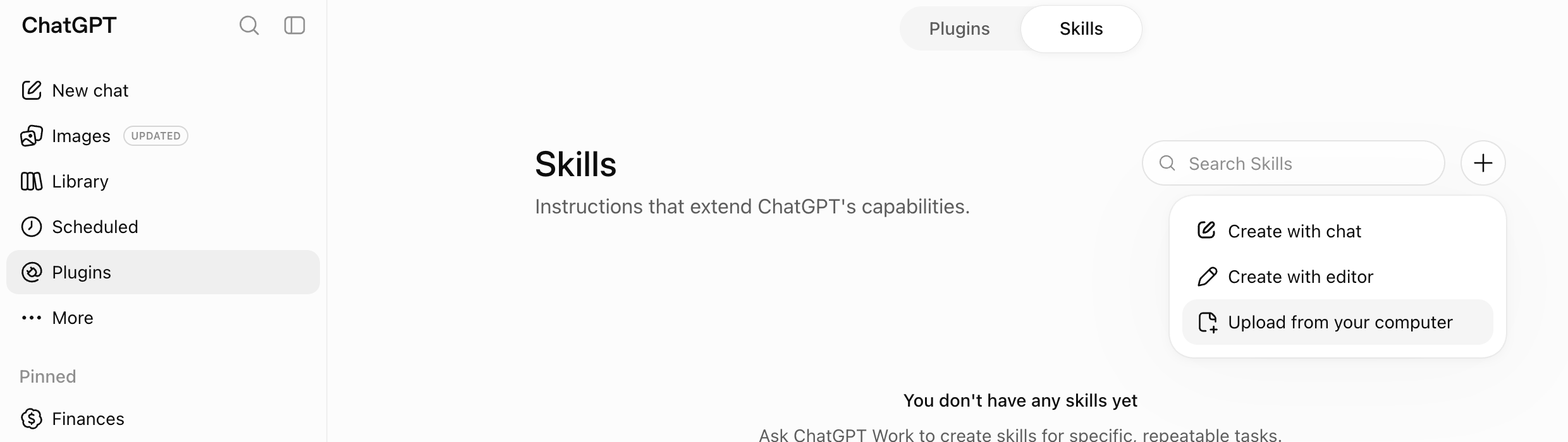 ChatGPT Plugins and Skills page with Upload from your computer selected in the plus menu