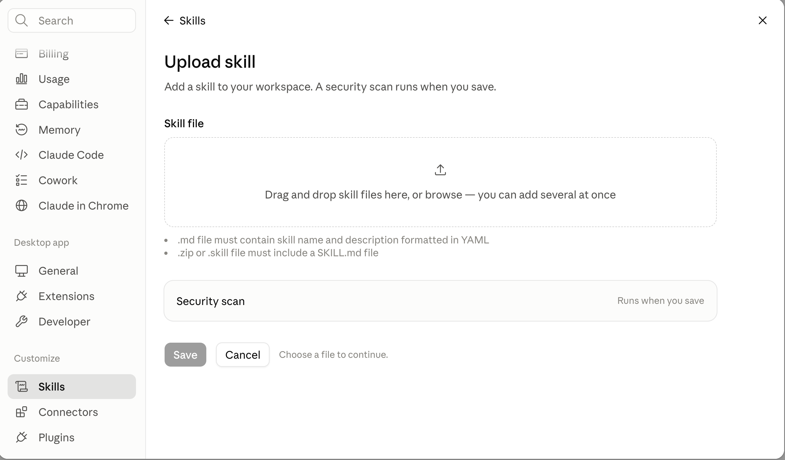 Claude Upload skill screen showing support for Markdown files with a YAML skill name and description