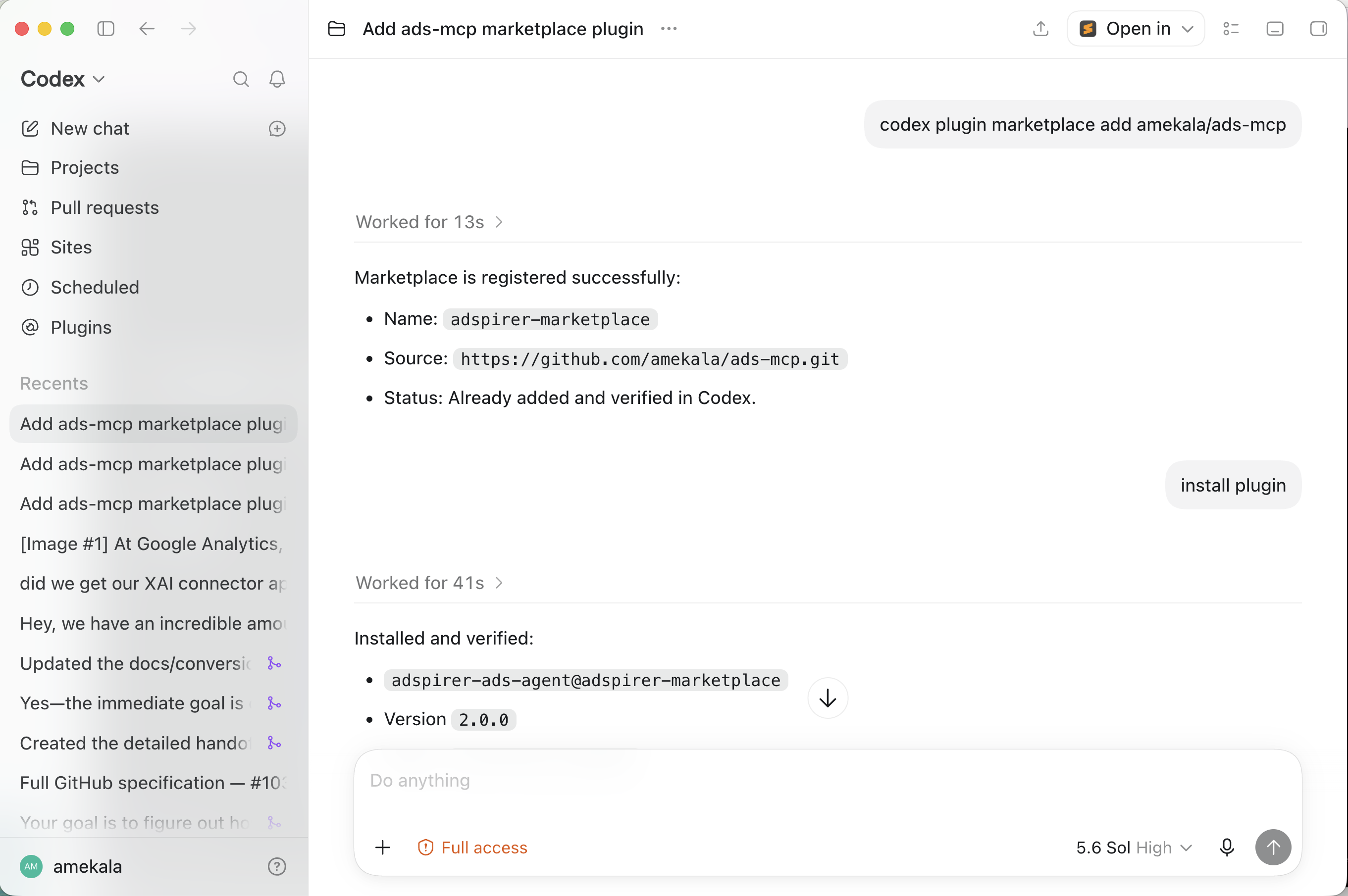 Codex chat showing the marketplace add command confirmed as registered, then 'install plugin' confirmed as installed and verified for adspirer-ads-agent