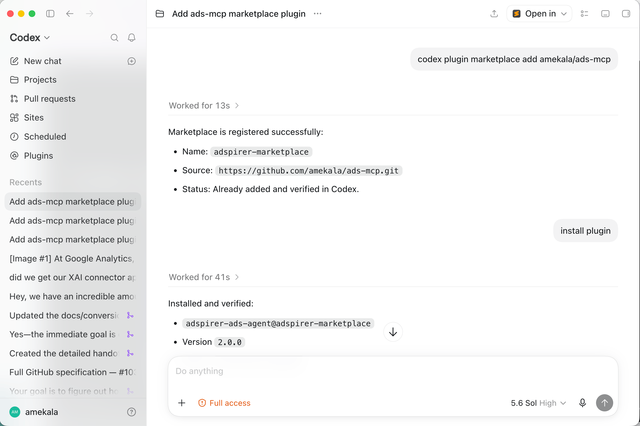 Codex chat showing the marketplace add command confirmed as registered, then 'install plugin' confirmed as installed and verified for adspirer-ads-agent