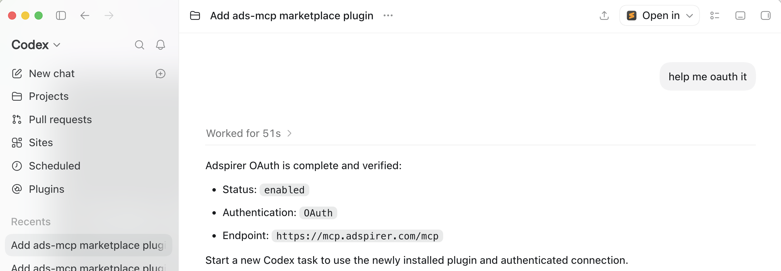Codex chat confirming Adspirer OAuth is complete and verified, with status enabled, authentication OAuth, and the mcp.adspirer.com endpoint