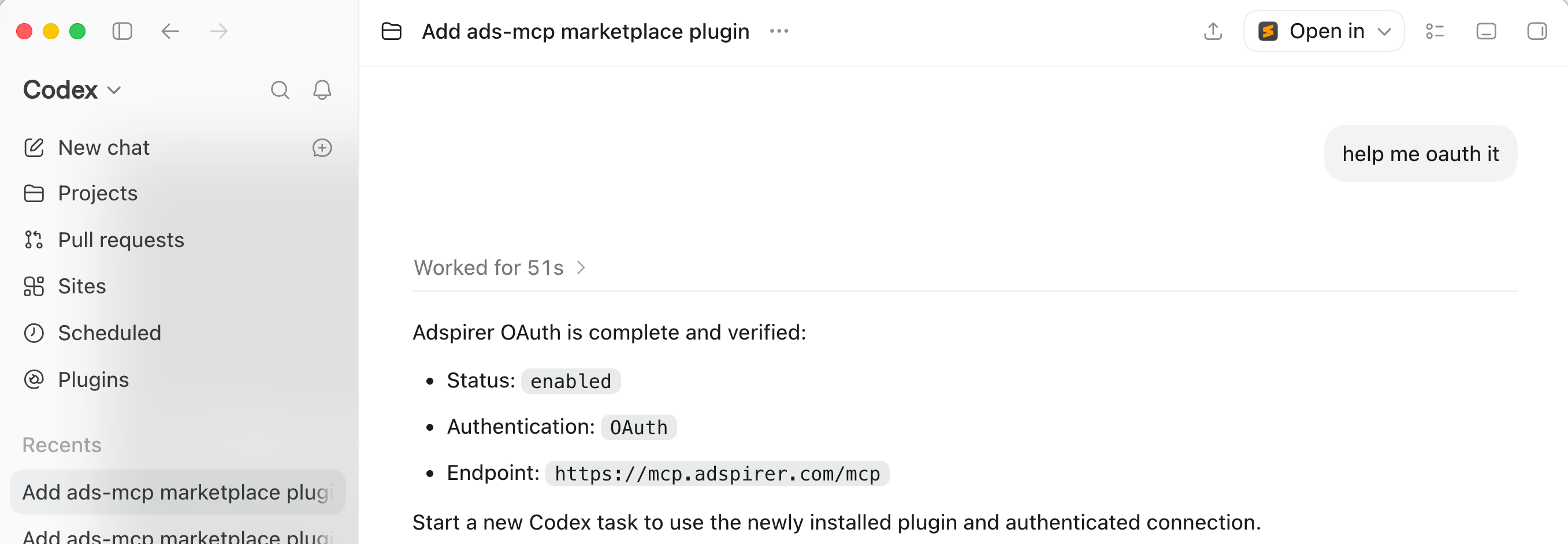 Codex chat confirming Adspirer OAuth is complete and verified, with status enabled, authentication OAuth, and the mcp.adspirer.com endpoint