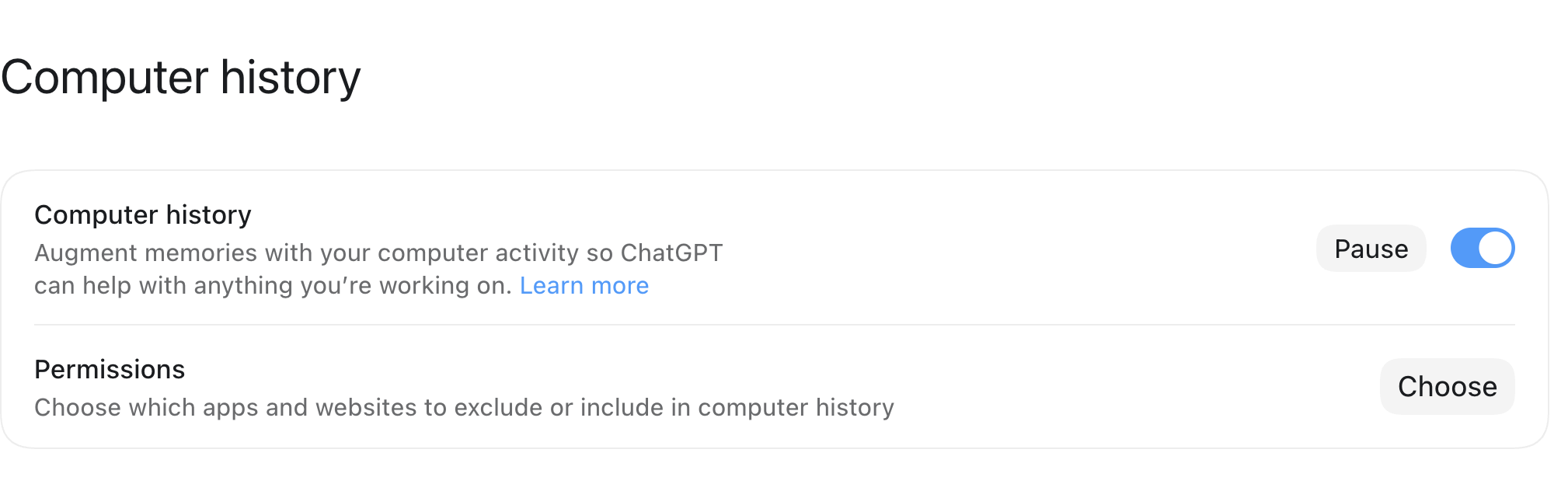ChatGPT desktop app Computer history settings, toggled on, with a Pause button and a Permissions row with a Choose button
