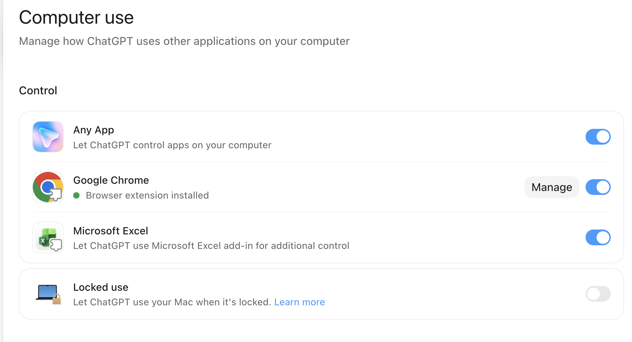 ChatGPT desktop app Computer use settings with Any App, Google Chrome (browser extension installed), and Microsoft Excel toggled on, and Locked use off