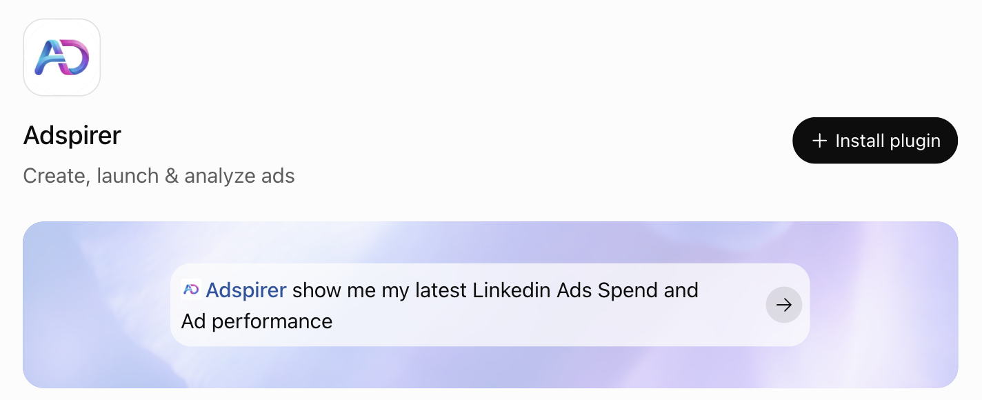 Adspirer plugin page in ChatGPT, subtitled Create, launch & analyze ads, with the Install plugin button