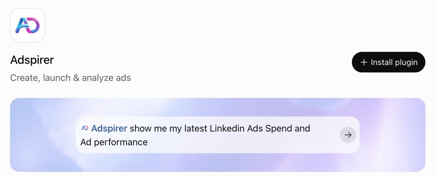 Adspirer plugin page in ChatGPT, subtitled Create, launch & analyze ads, with the Install plugin button