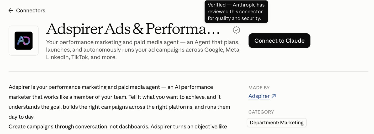 Adspirer Ads & Performance Marketing Agent listing in Claude with the tooltip 'Verified — Anthropic has reviewed this connector for quality and security' and the Connect to Claude button