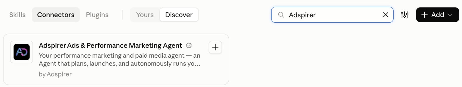 Claude Customize page with the Connectors tab and Discover selected, showing Adspirer Ads & Performance Marketing Agent by Adspirer with a verified badge in the search results