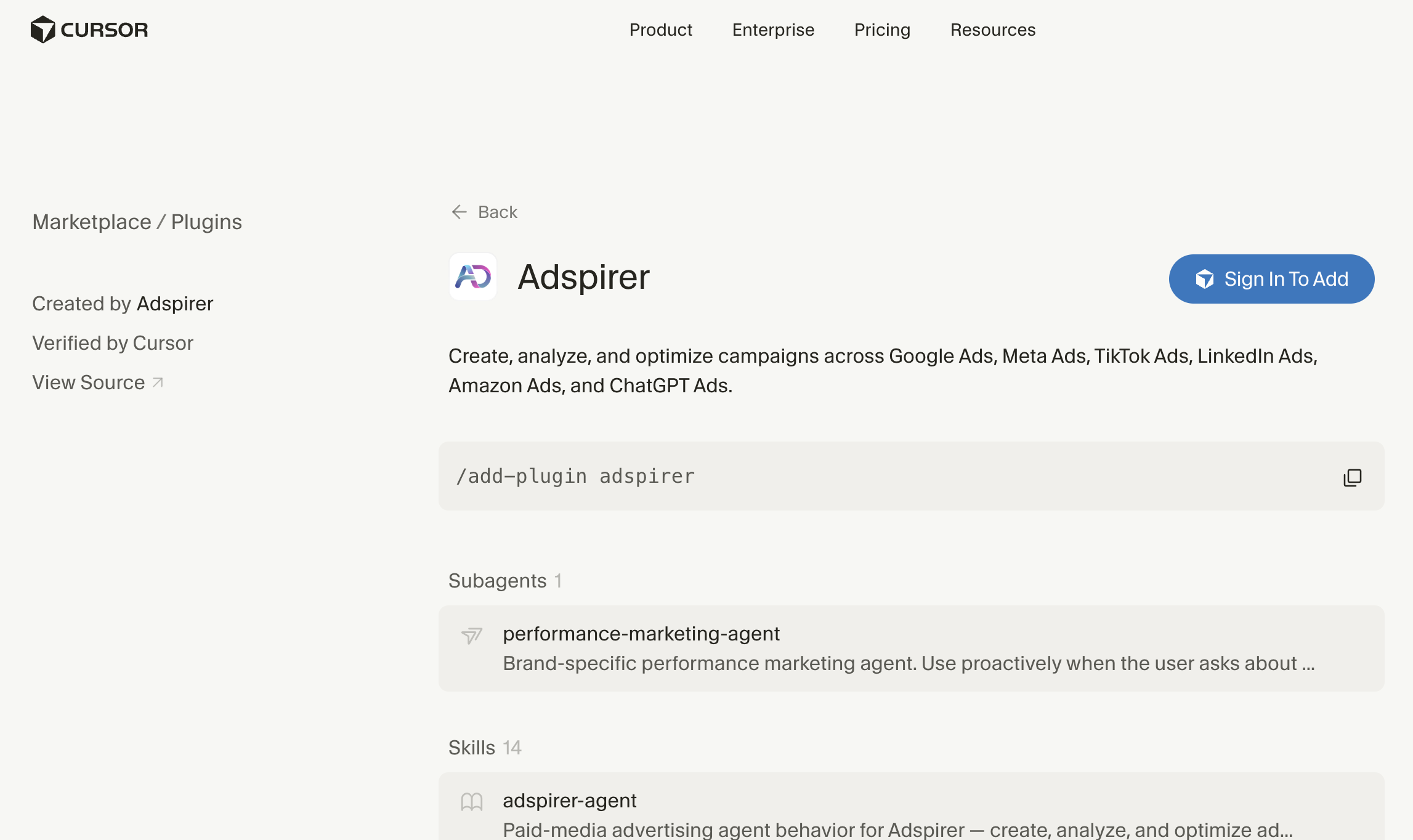 Adspirer plugin page on the Cursor Marketplace showing Created by Adspirer, Verified by Cursor, the Sign In To Add button, the /add-plugin adspirer command, 1 subagent, and 14 skills