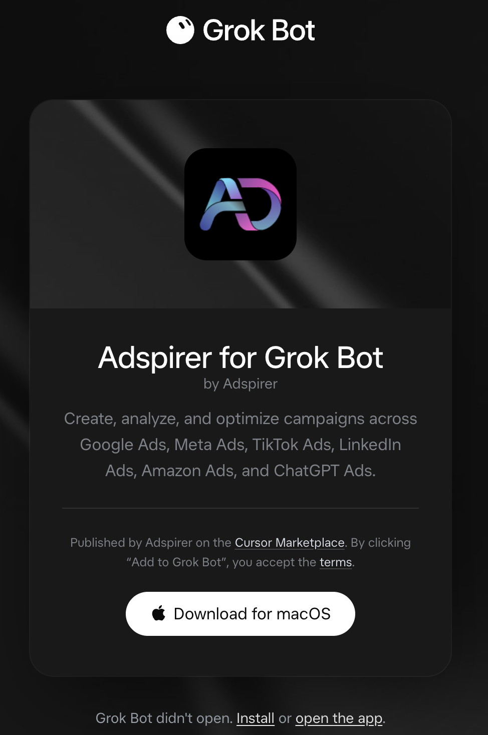 Adspirer for Grok Bot listing on x.ai, by Adspirer, published on the Cursor Marketplace, with a button to open or download Grok Bot