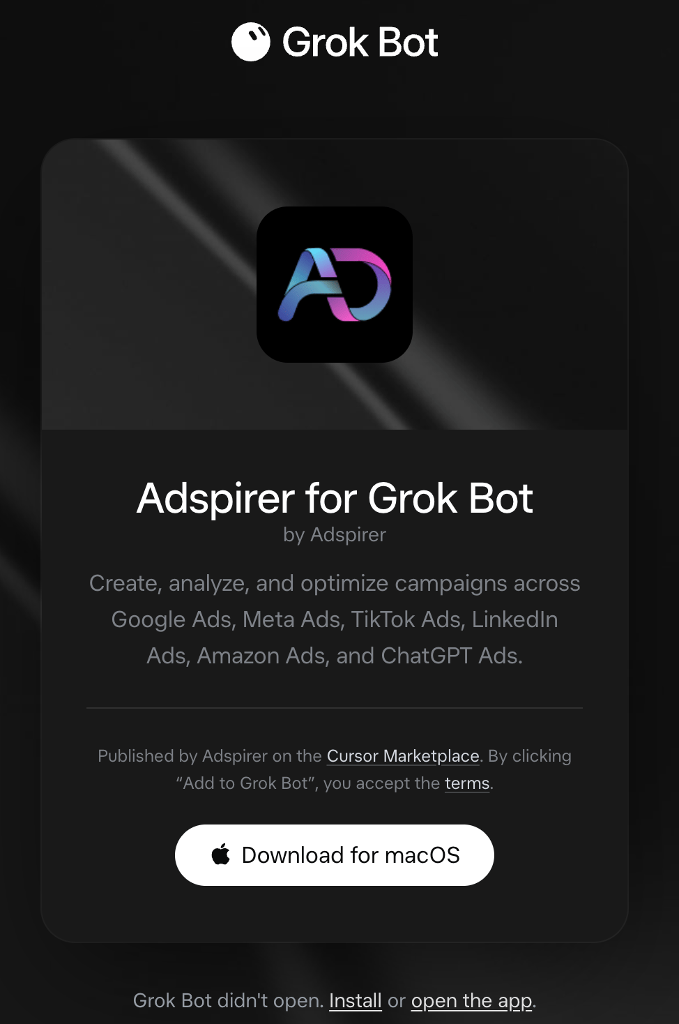 Adspirer for Grok Bot listing on x.ai, by Adspirer, published on the Cursor Marketplace, with a button to open or download Grok Bot
