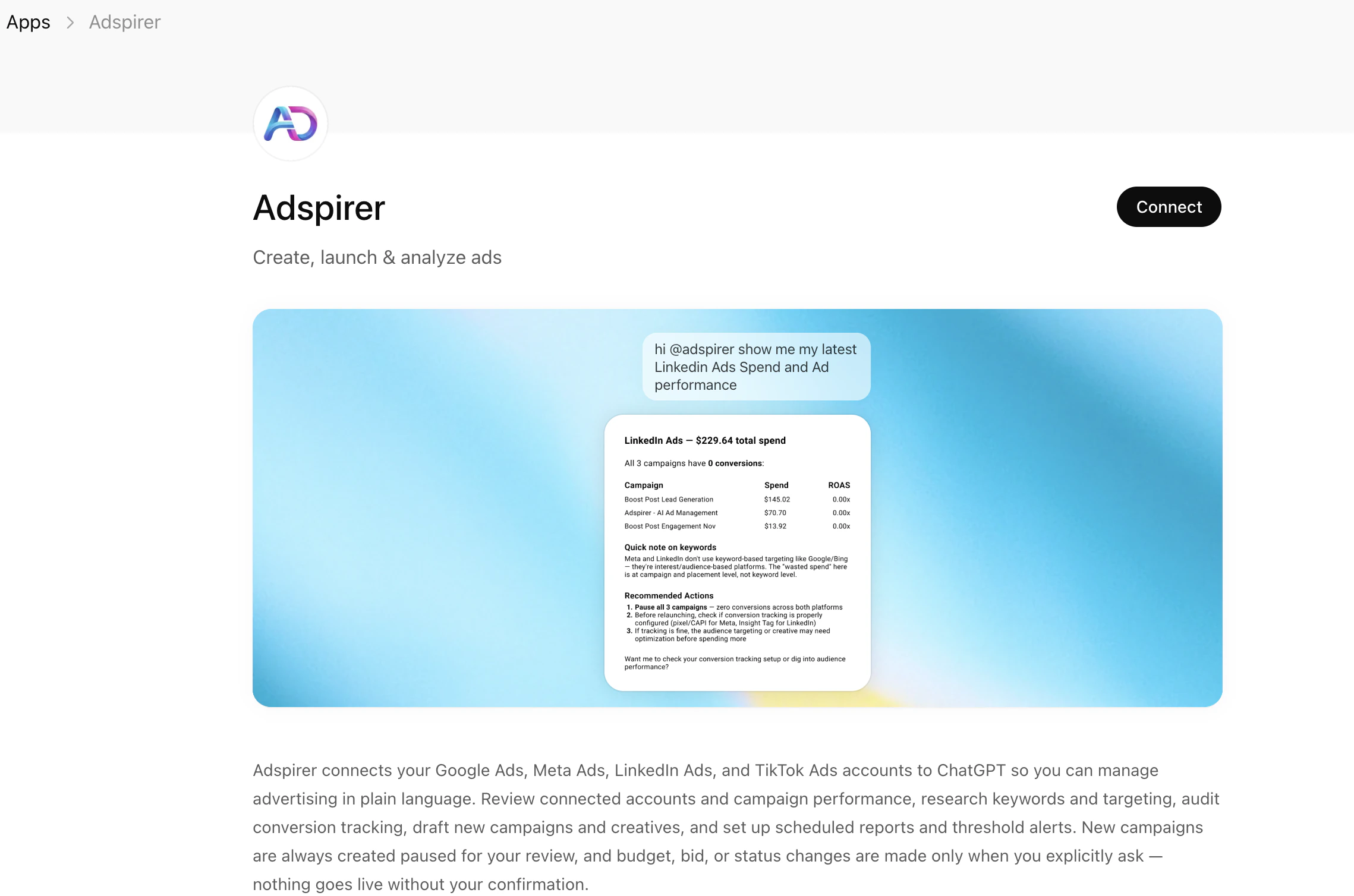 Adspirer app listing page in the ChatGPT App Store with the Connect button