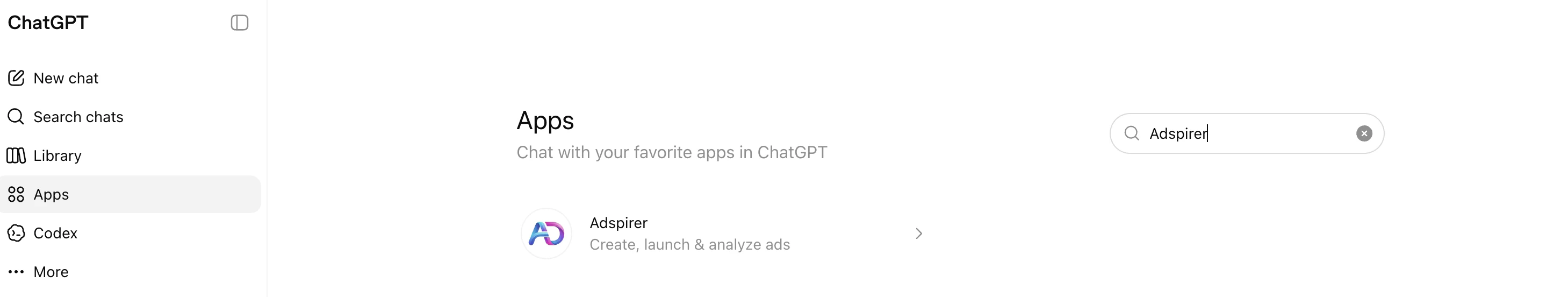 ChatGPT Apps directory with 'Adspirer' typed in the search box, showing the Adspirer app — Create, launch & analyze ads