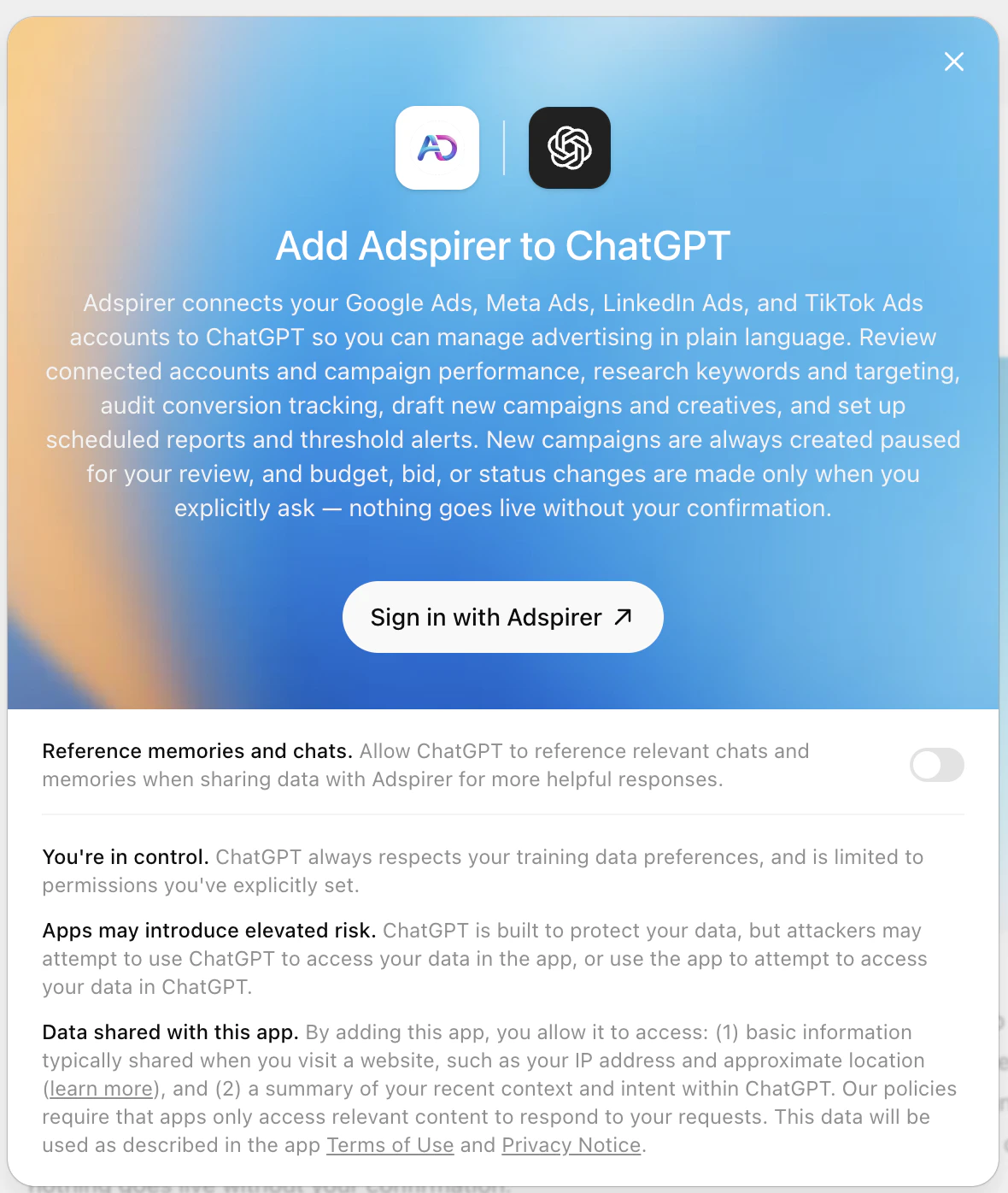 Add Adspirer to ChatGPT dialog with the Sign in with Adspirer button and a Reference memories and chats toggle