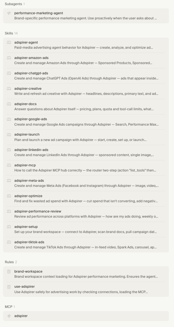 Cursor Marketplace listing for Adspirer showing 1 subagent, 14 skills, 2 rules, and 1 MCP server