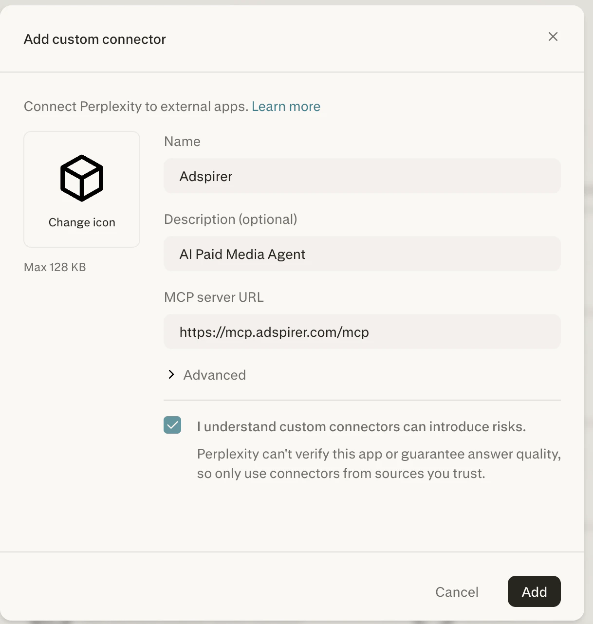 Add custom connector dialog with Adspirer name, description, and MCP server URL filled in