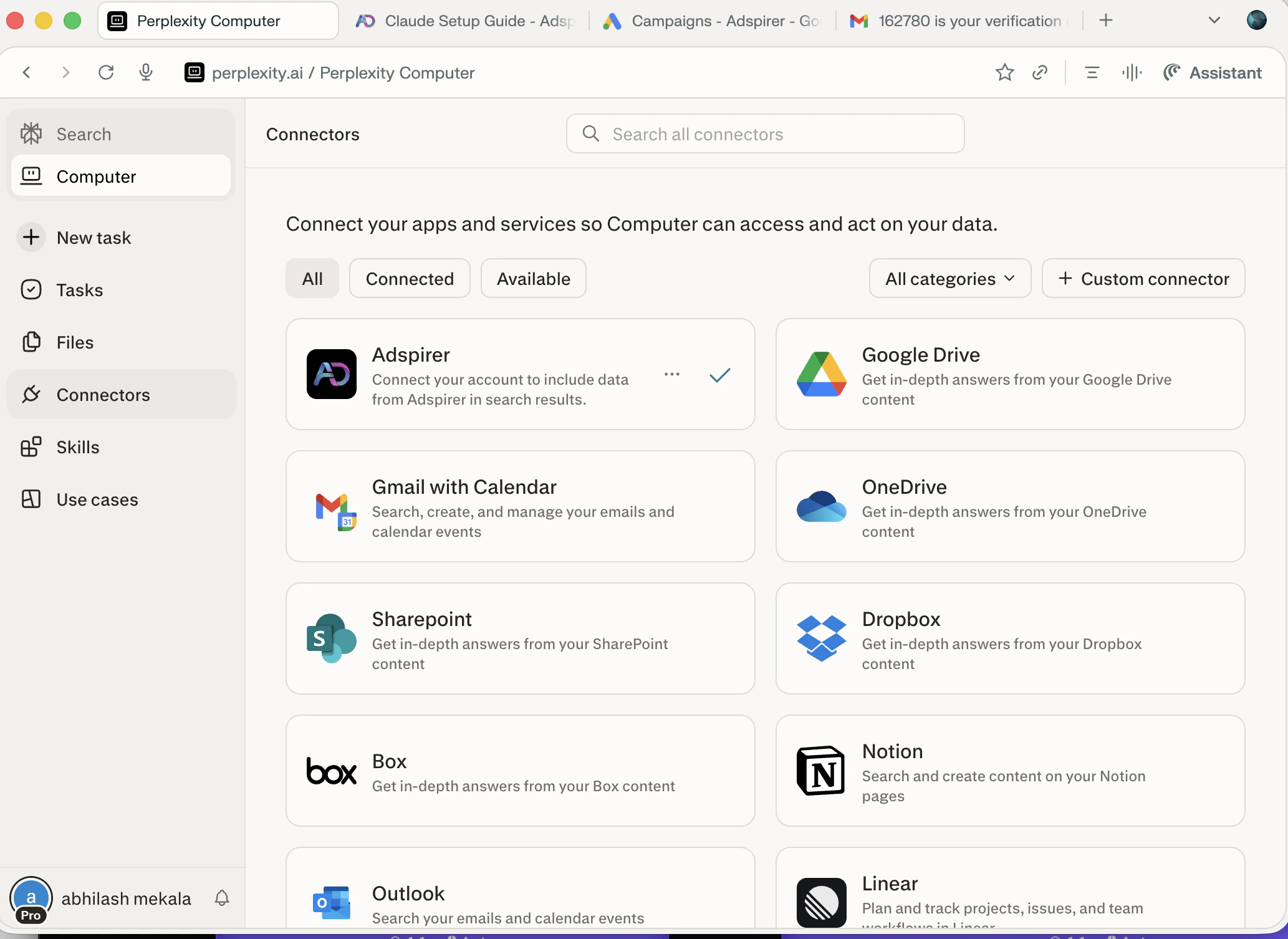 Perplexity Connectors page showing Adspirer connected with green checkmark