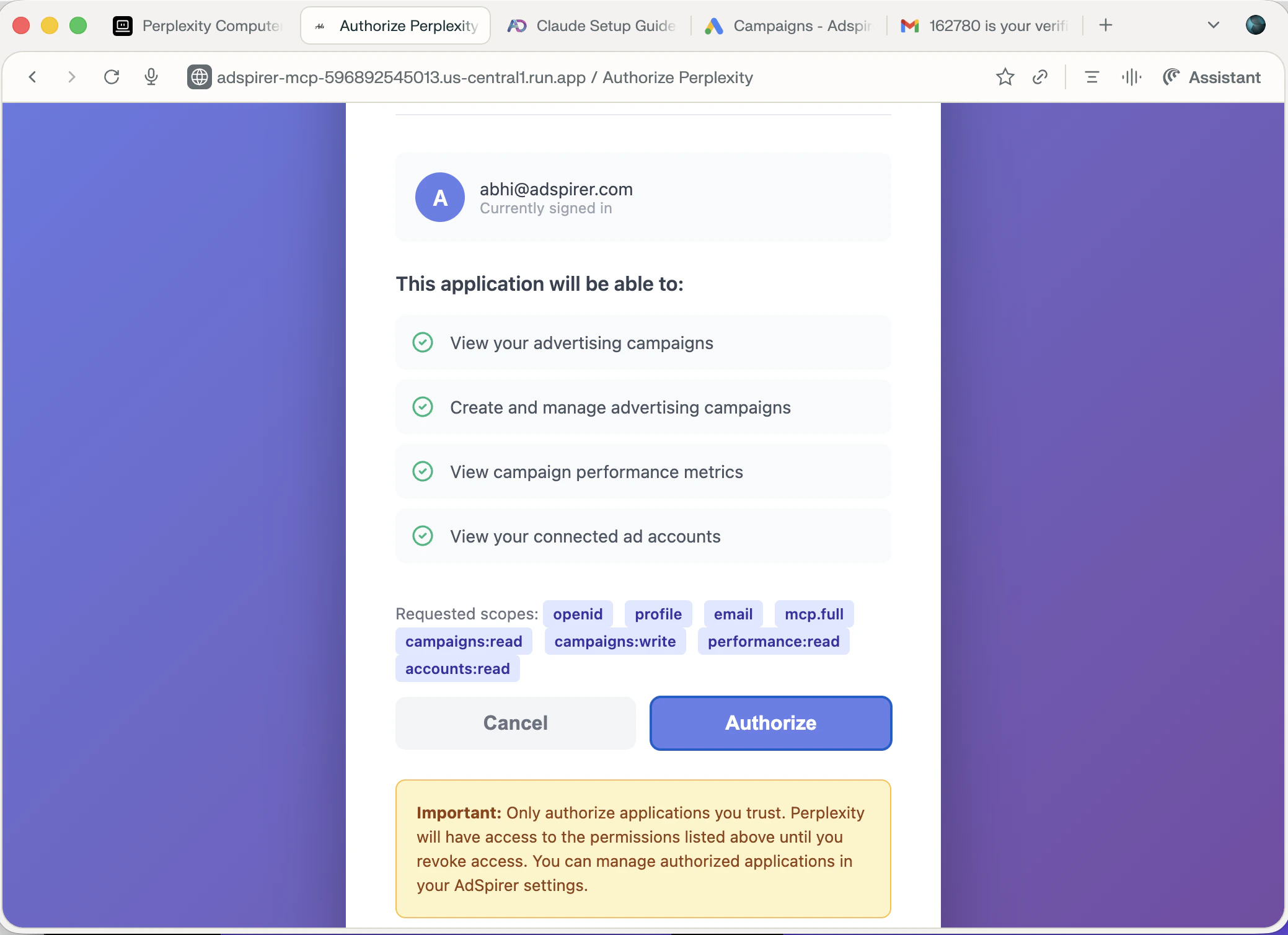 Adspirer OAuth authorization page showing requested permissions
