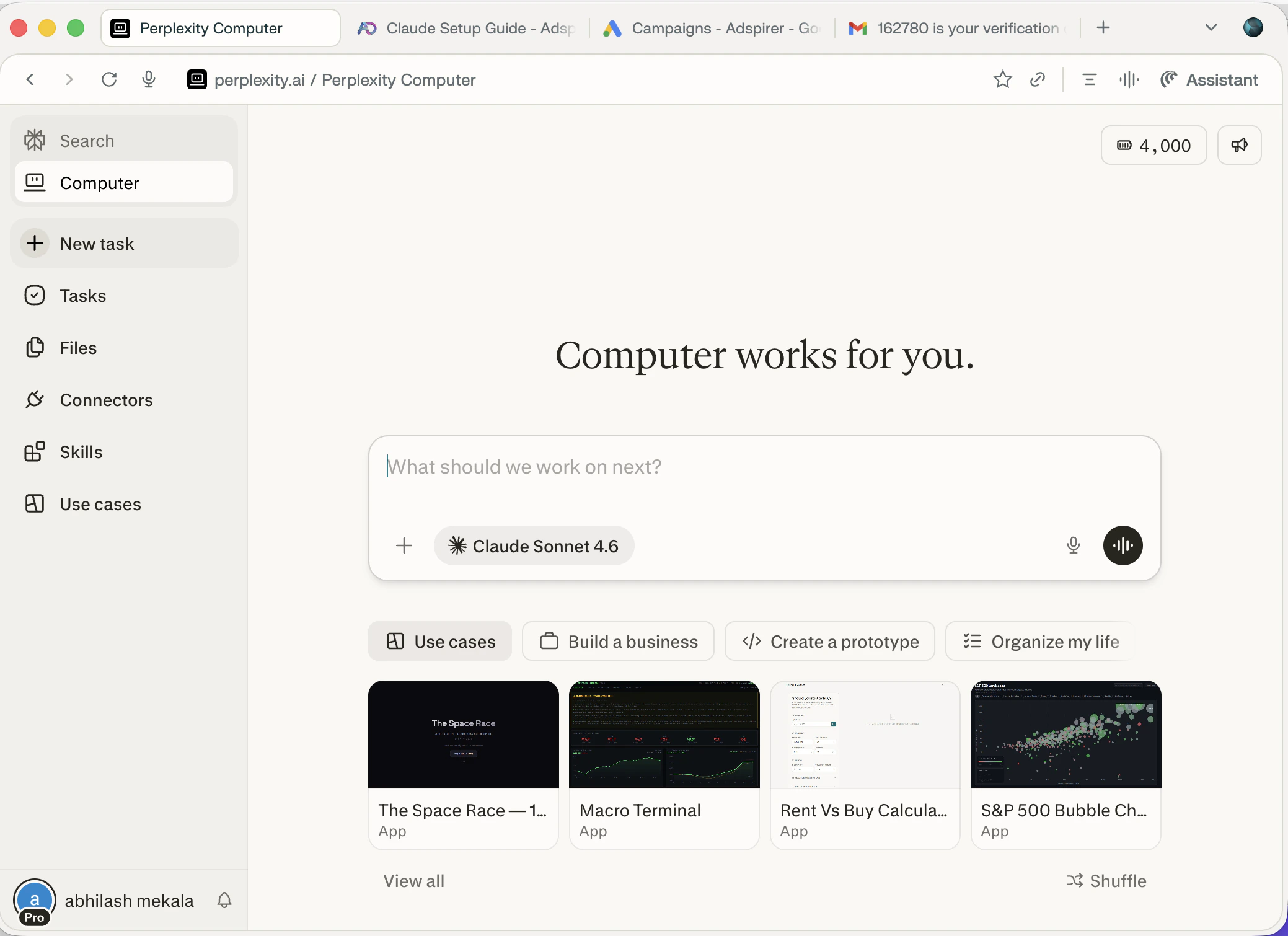 Perplexity Computer home page showing Computer sidebar with Connectors option