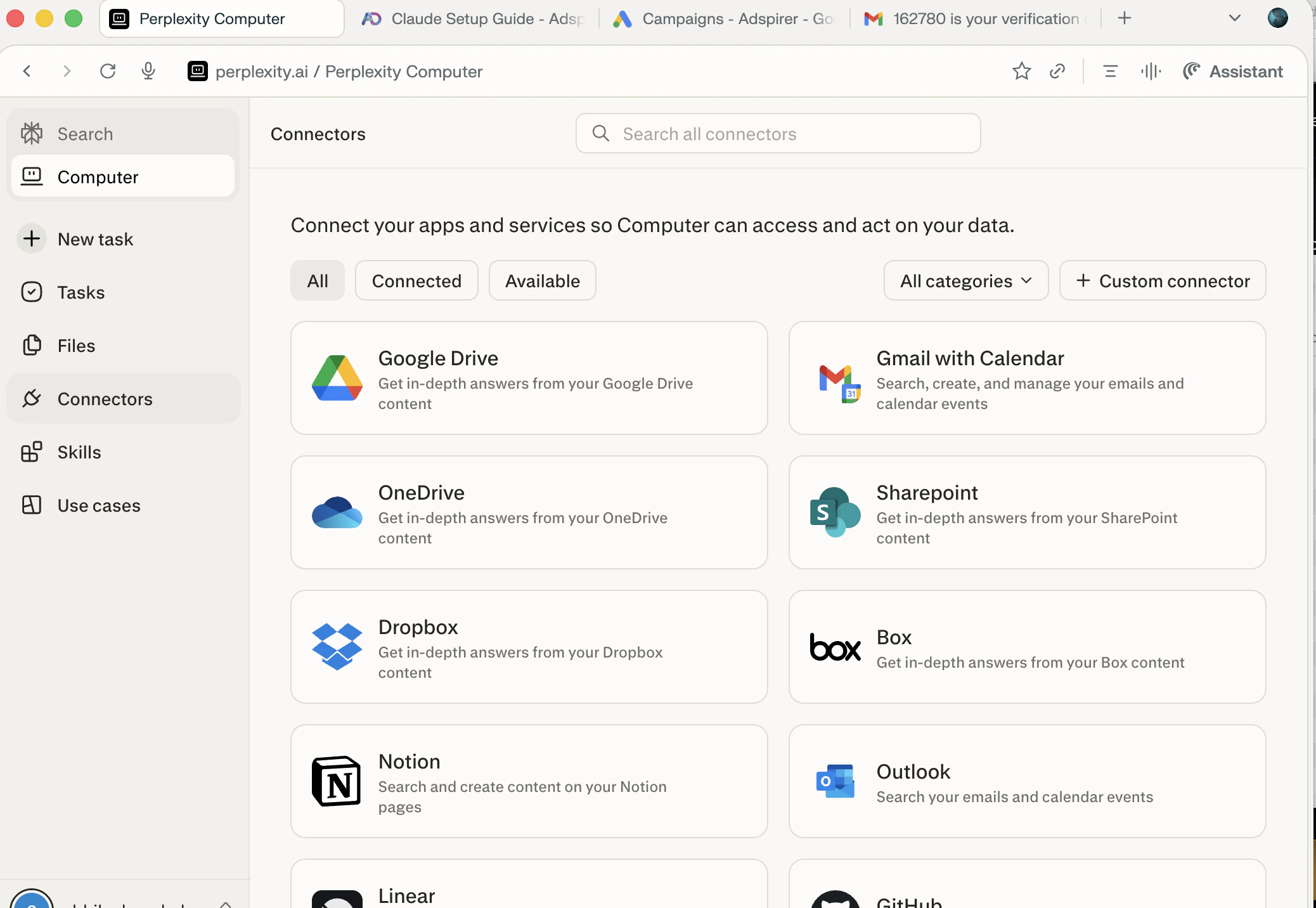 Perplexity Connectors page showing available connectors and Custom connector button