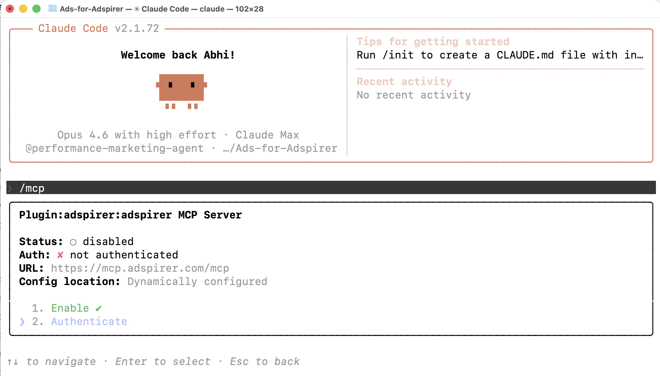 Enable and authenticate the Adspirer MCP server