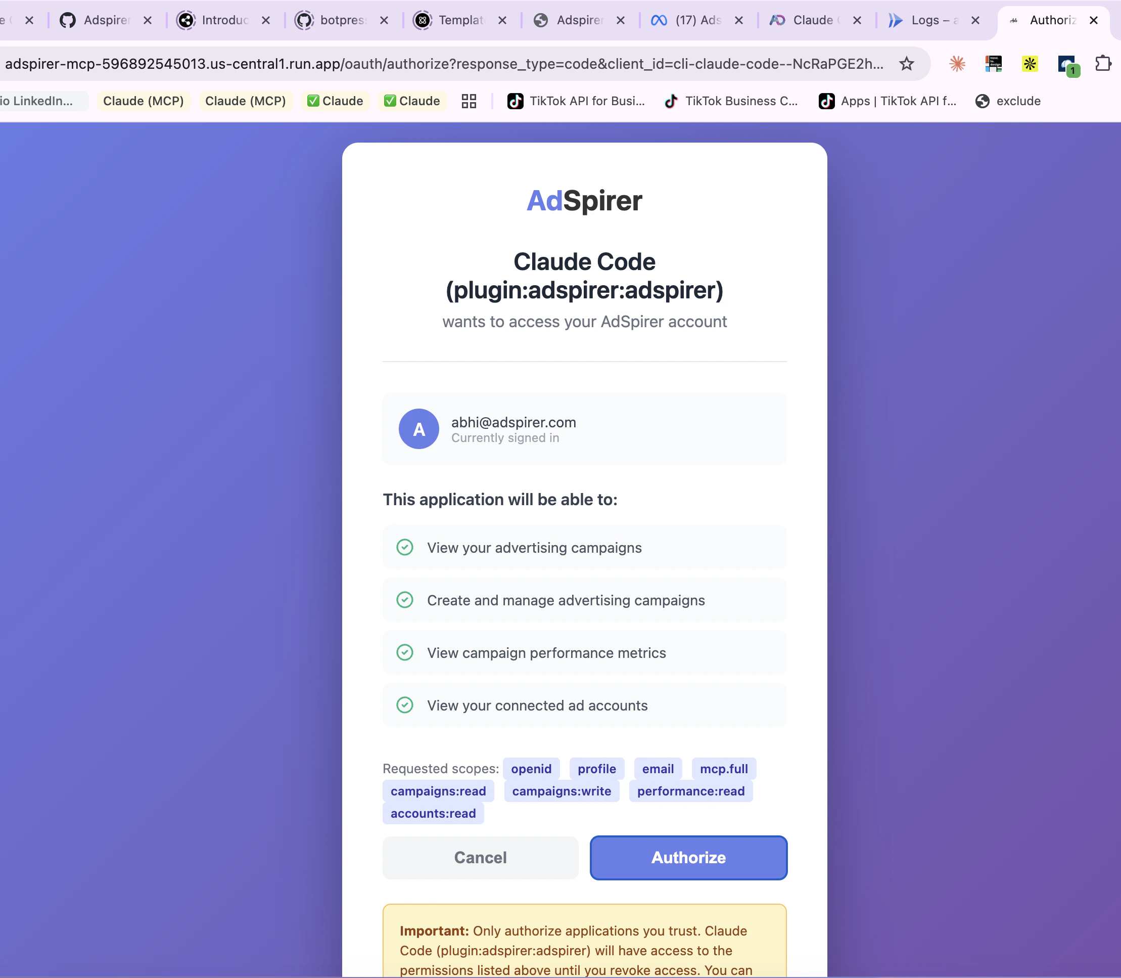Adspirer OAuth authorization page