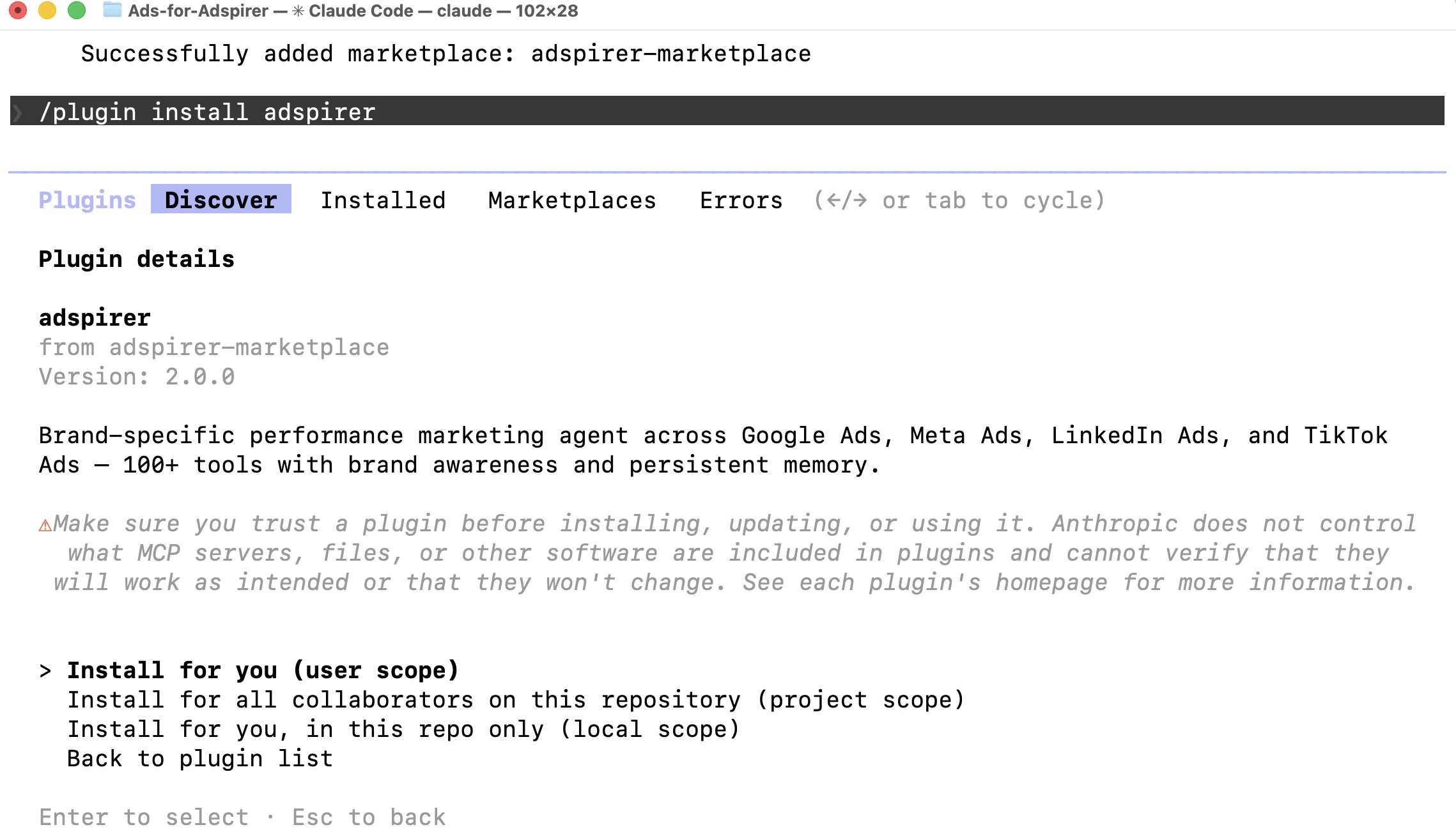 Adspirer plugin details and install scope selection