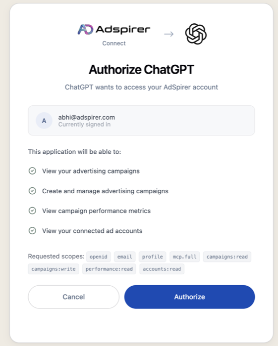 Adspirer Authorize ChatGPT screen showing the signed-in account, the four permissions ChatGPT is requesting, the requested scopes, and the Authorize button