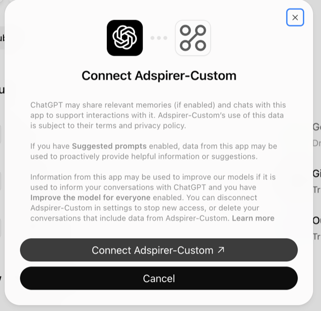 ChatGPT Connect Adspirer-Custom dialog explaining what ChatGPT shares with the app, with Connect Adspirer-Custom and Cancel buttons