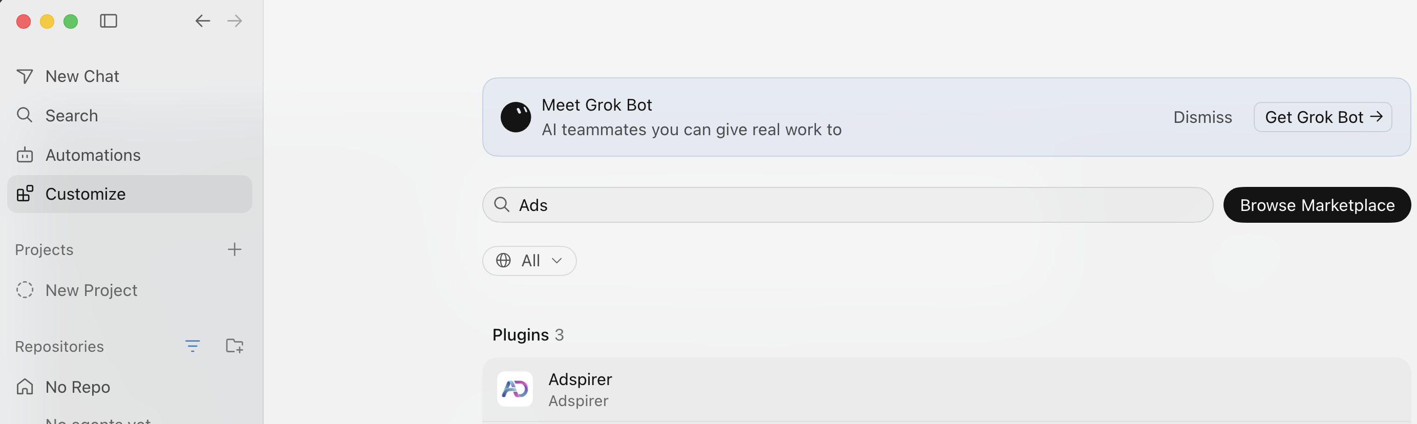 Cursor Customize page with a marketplace search returning the Adspirer plugin, next to the Browse Marketplace button