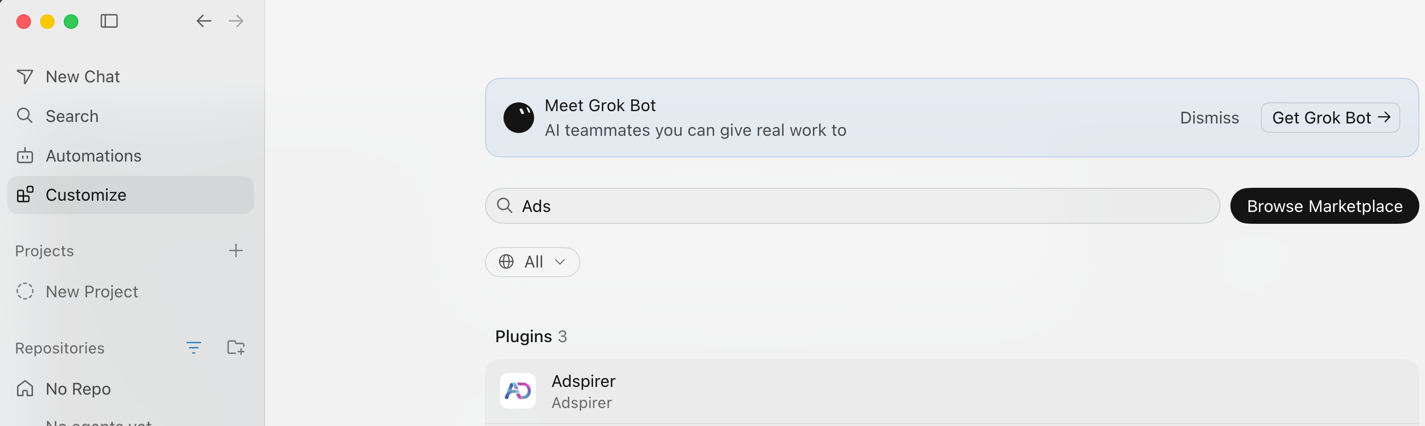 Cursor Customize page with a marketplace search returning the Adspirer plugin, next to the Browse Marketplace button