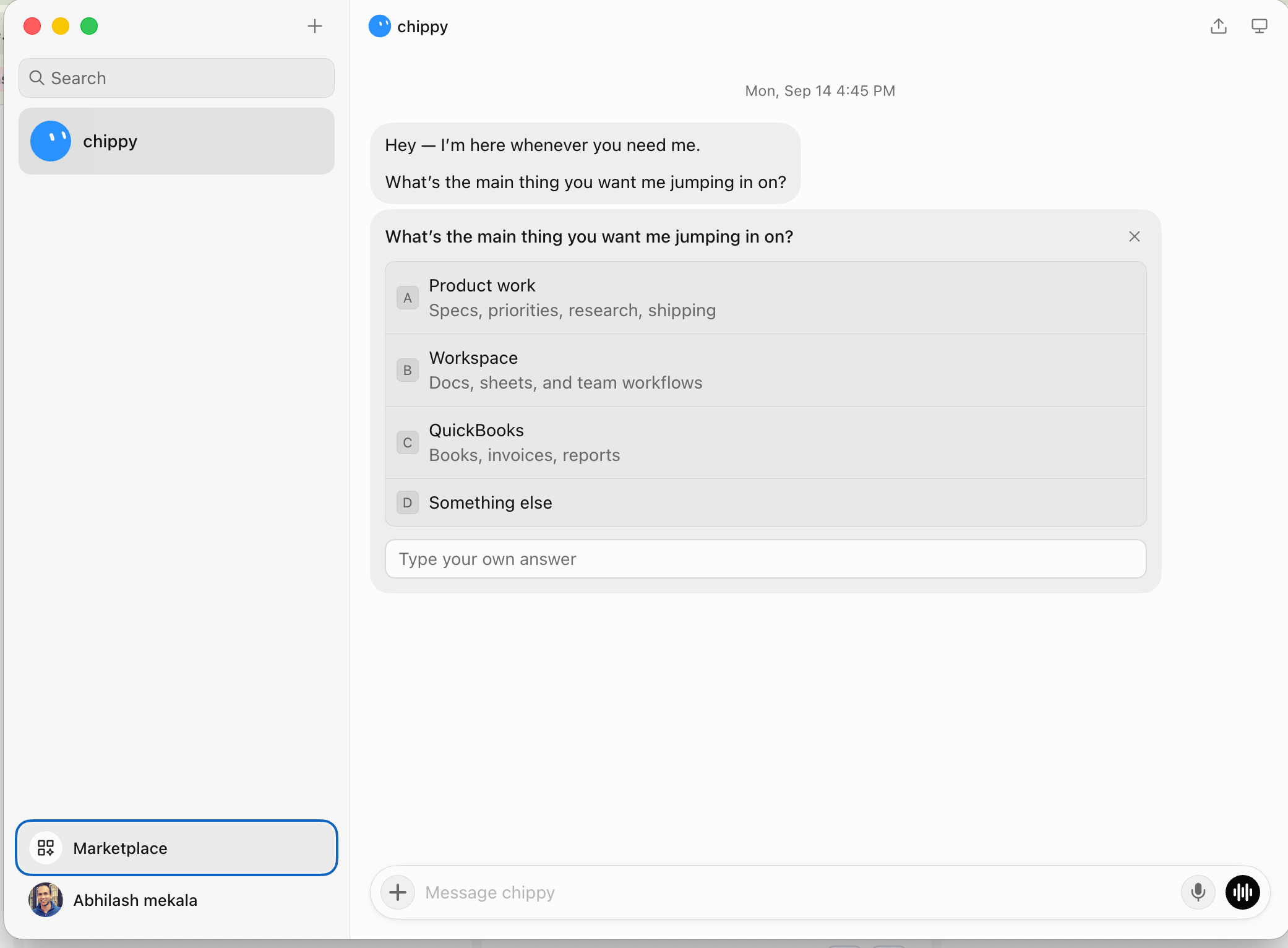 Grok Bot window with the Marketplace button at the bottom of the left sidebar