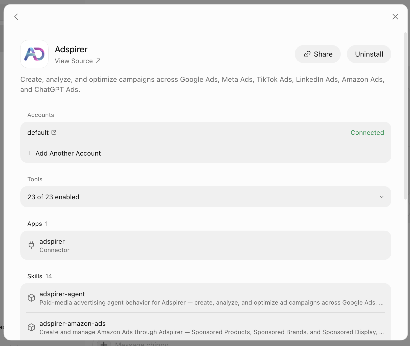Adspirer plugin detail in Grok Bot showing Accounts with default Connected, Tools 23 of 23 enabled, Apps with the adspirer connector, and Skills 14