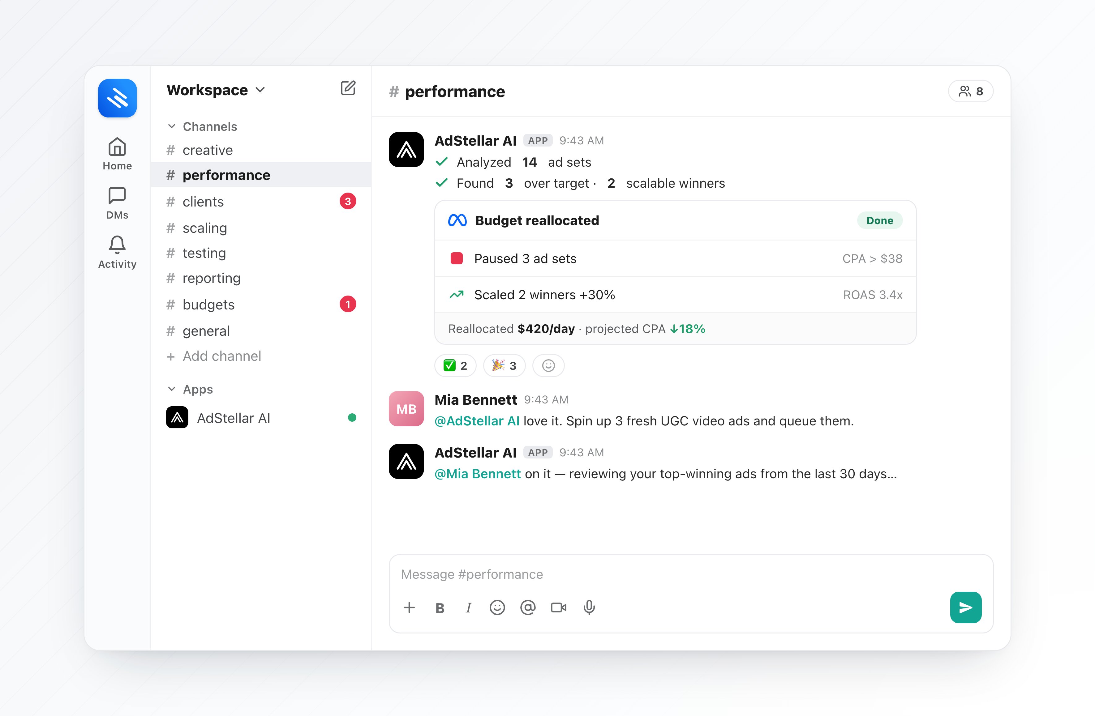 The AdStellar Agent replying in a Slack channel