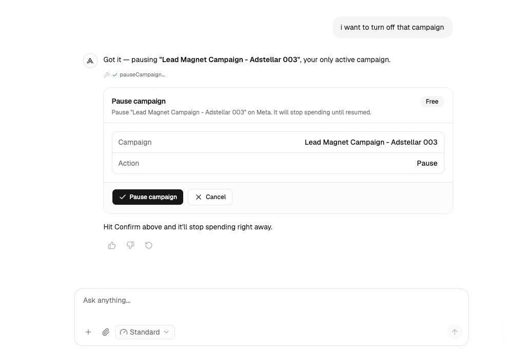 A chat Confirm/Cancel card proposing to pause an ad set