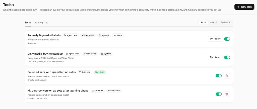 The Agent tasks list with a running follow-up task and the activity feed