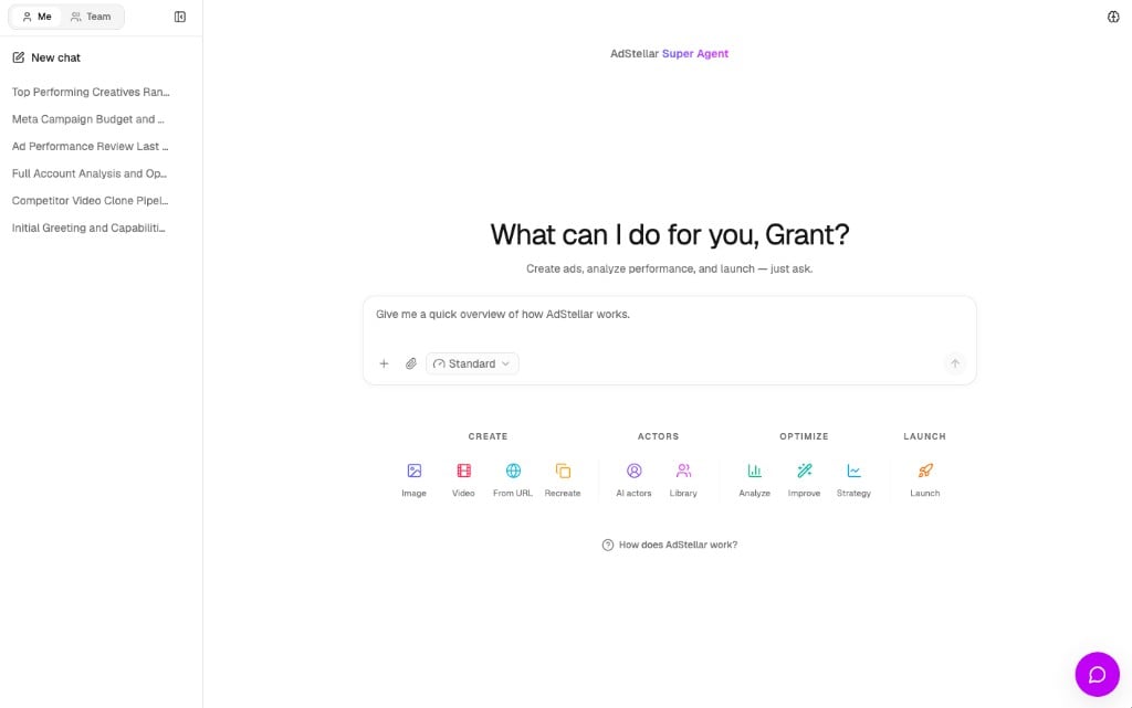 The chat homepage with a personalized greeting