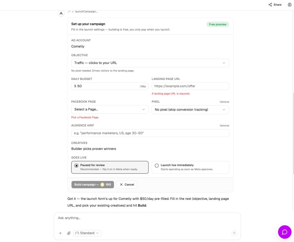 A chat launch confirmation card for a click-to-message campaign