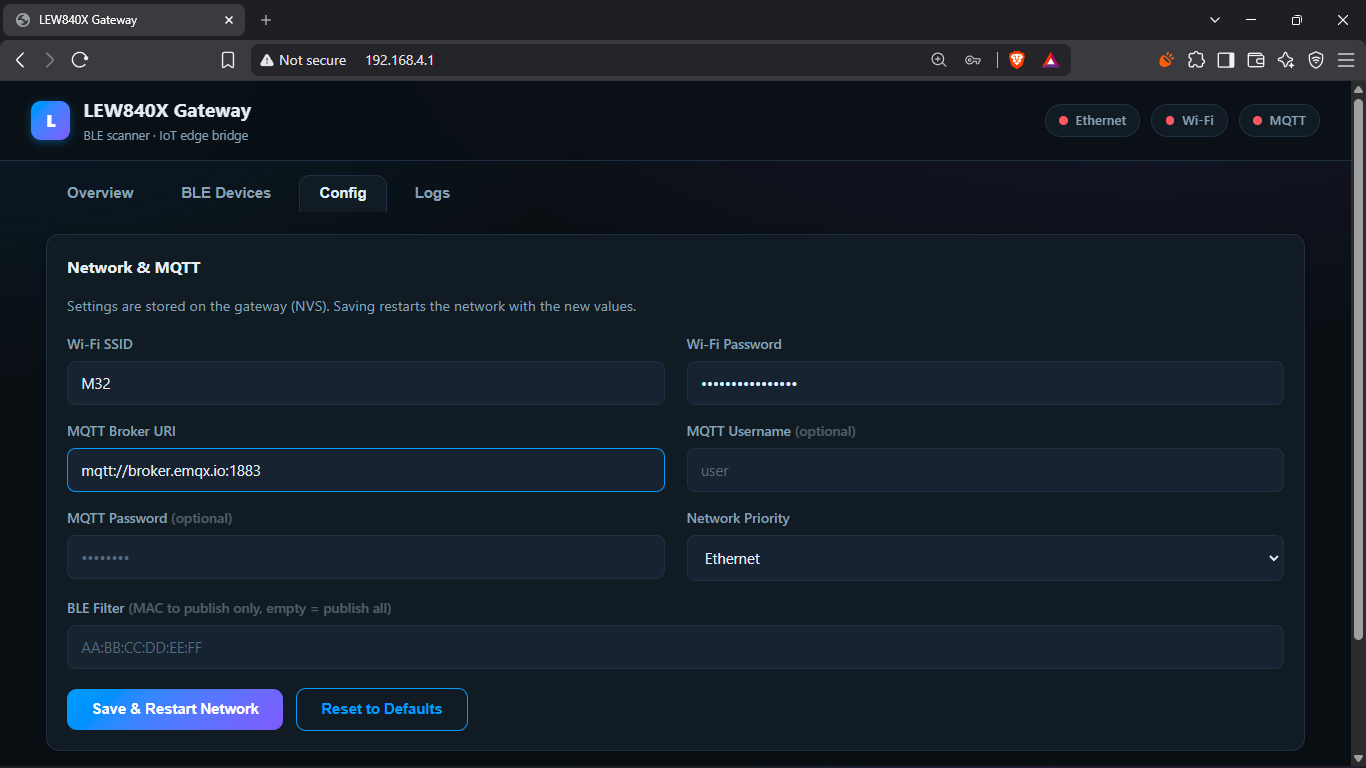 The configuration page filled in before saving