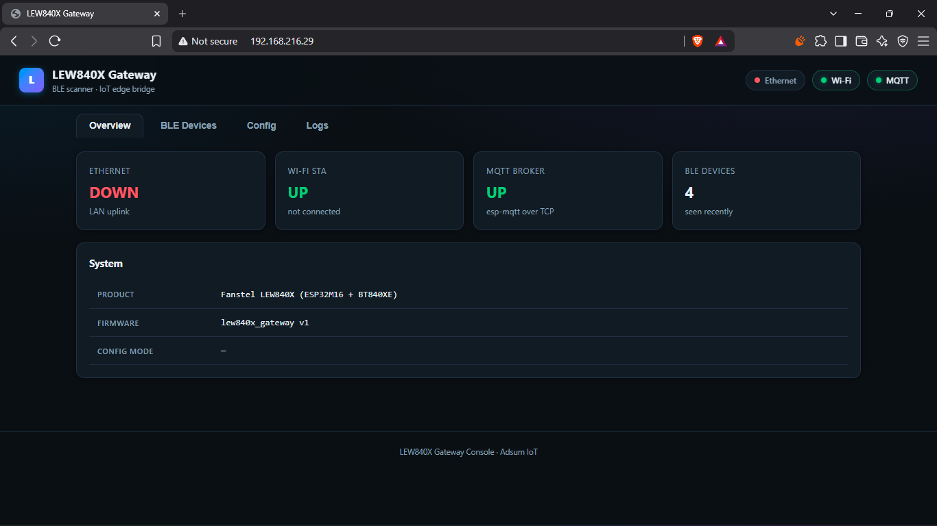 The Overview tab after rebooting into running mode, with WiFi and MQTT up
