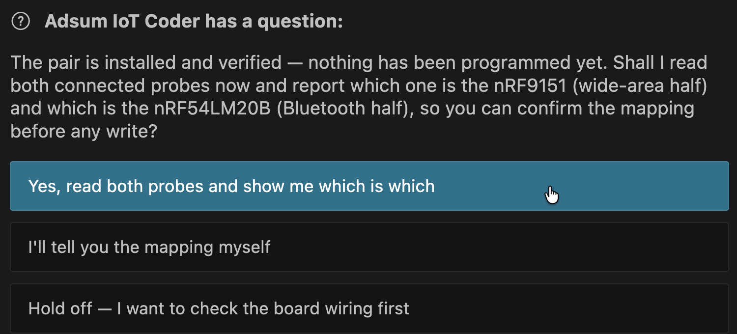 The agent asking to read both probes before programming anything