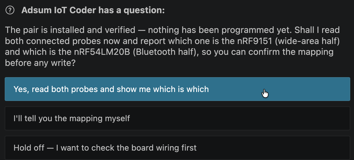 The agent asking to read both probes before programming anything