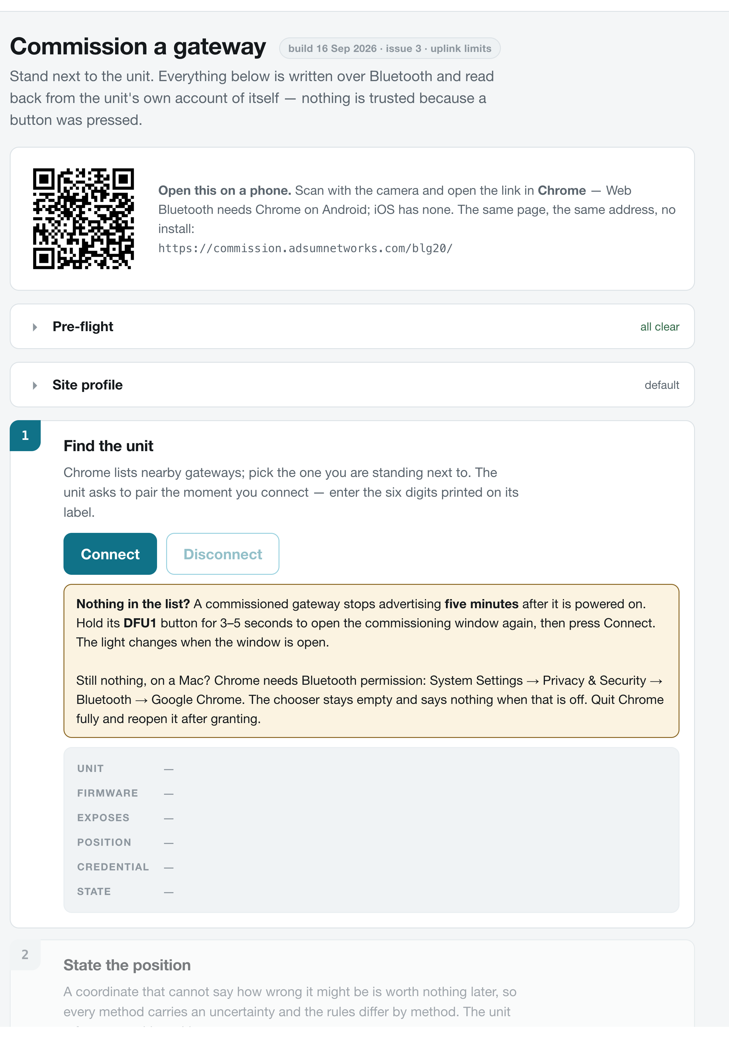 The commissioner page before connecting, with a QR code for opening it on a phone