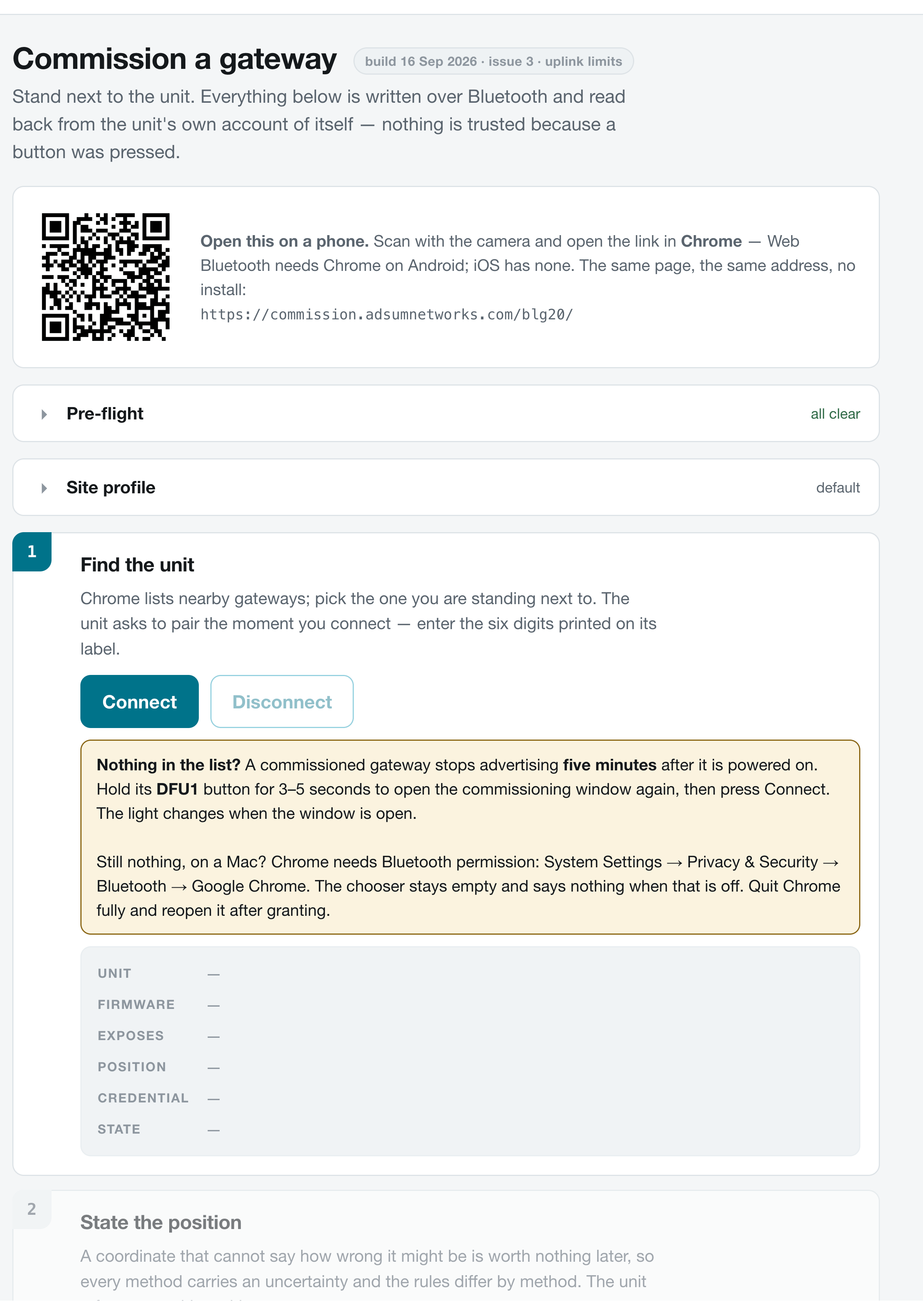 The commissioner page before connecting, with a QR code for opening it on a phone