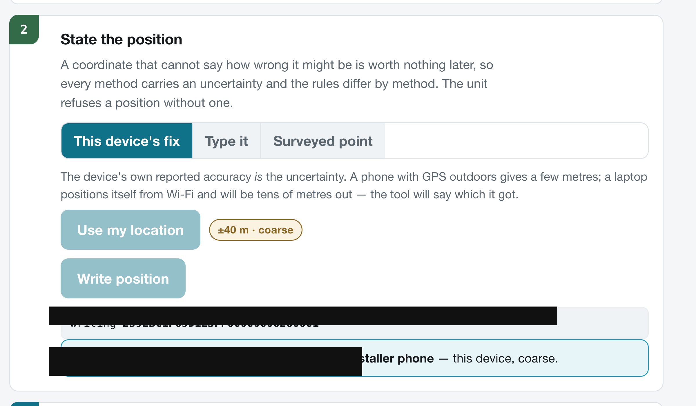 A position written to the unit and read straight back, with coordinates masked