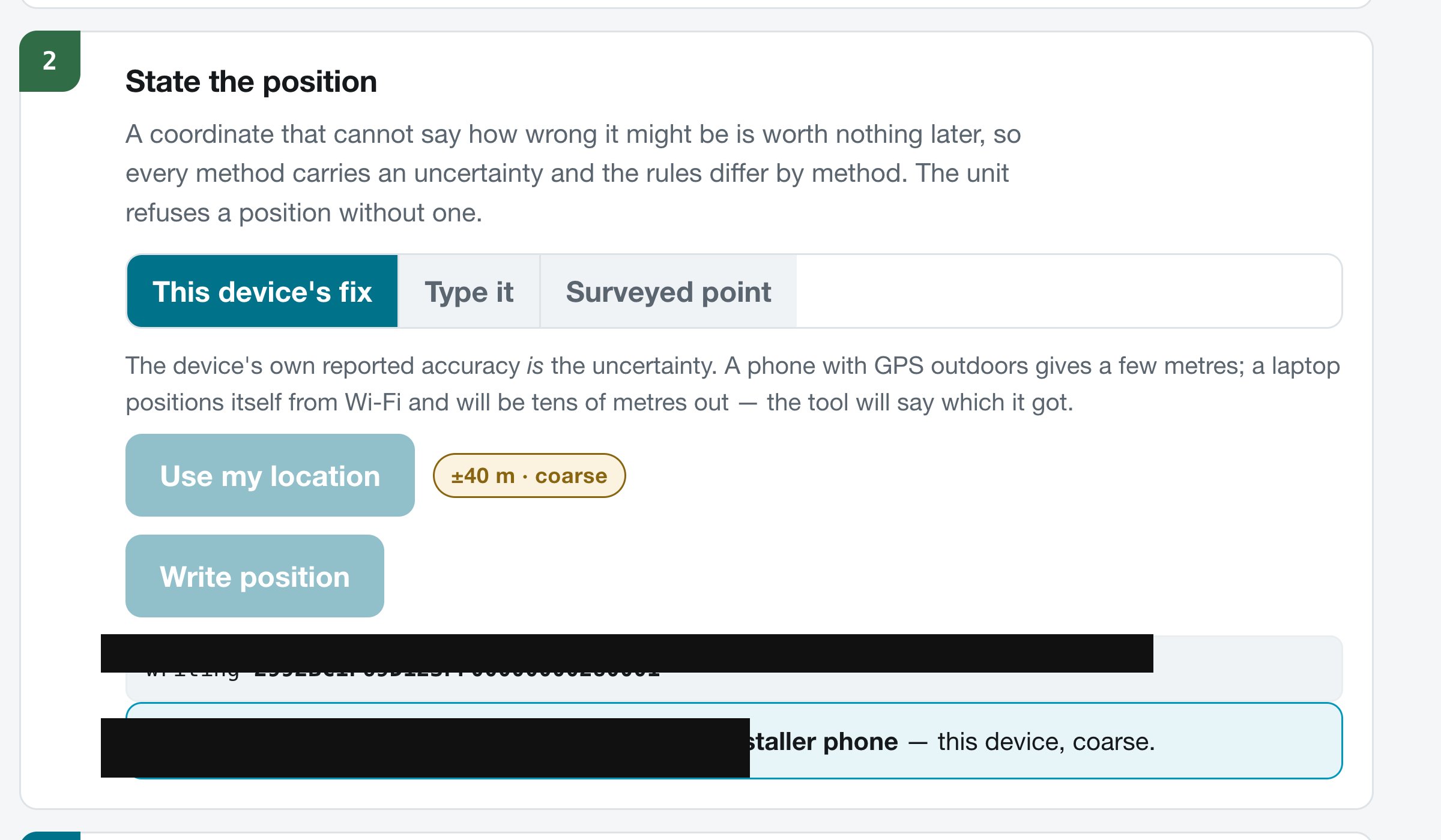 A position written to the unit and read straight back, with coordinates masked