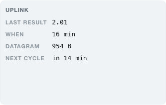 The uplink block showing last result 2.01, when, datagram size and next cycle
