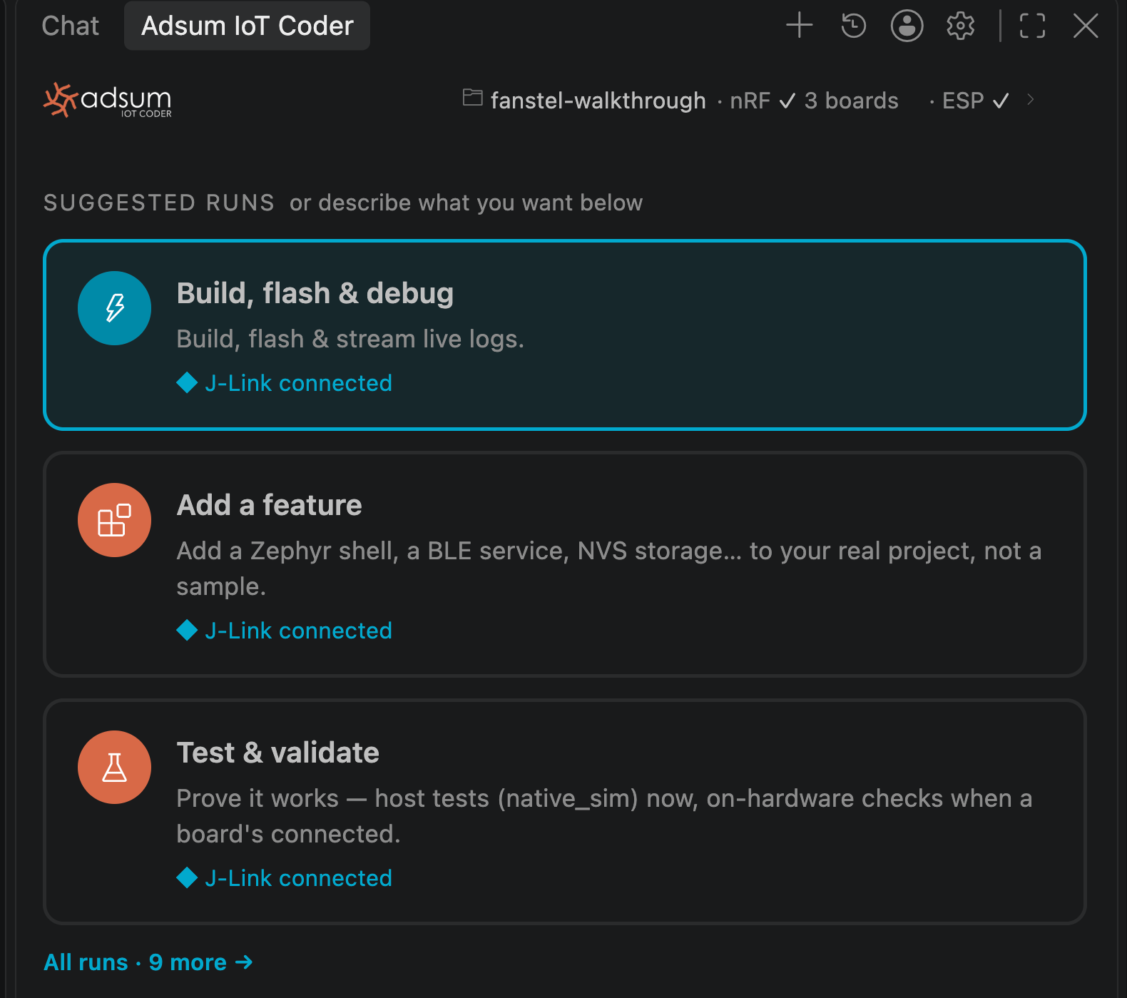 The Adsum IoT Coder panel listing suggested runs