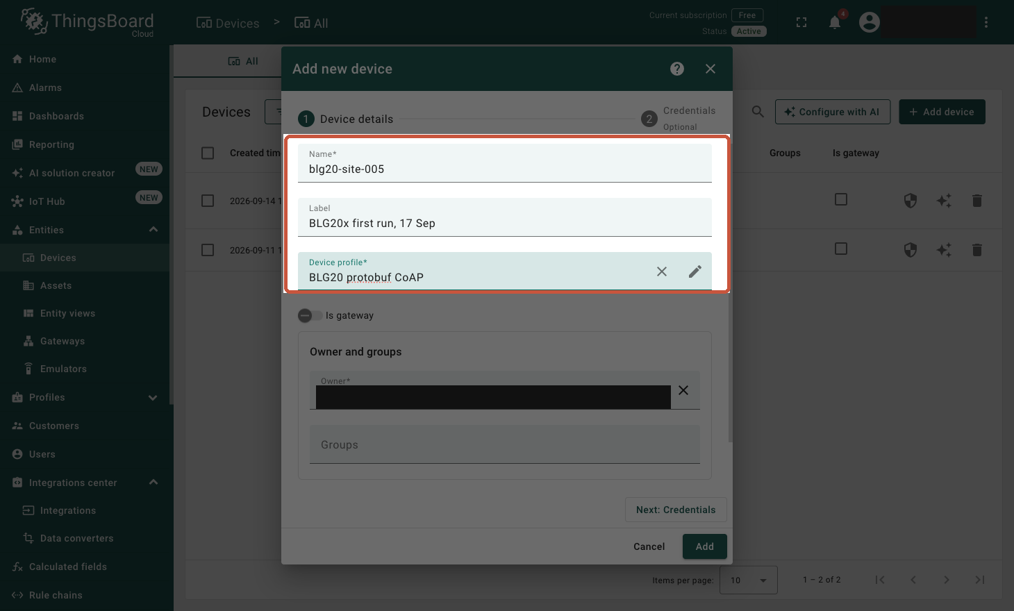 Creating a device on the CoAP protobuf profile