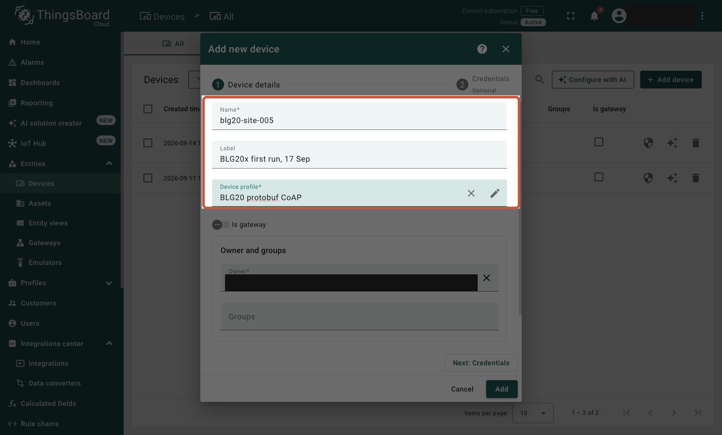 Creating a device on the CoAP protobuf profile